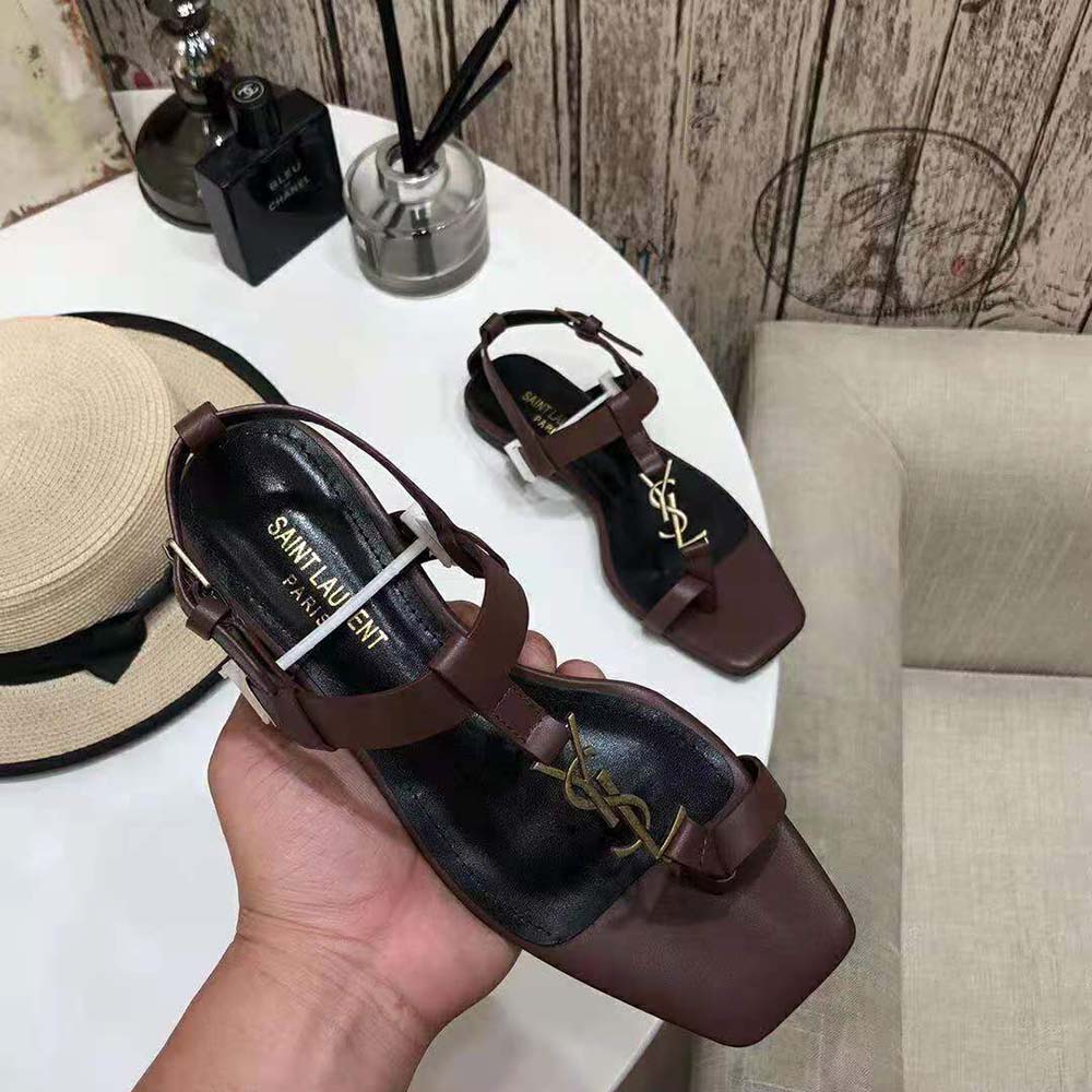 Saint Laurent YSL Women Cassandra Flat Sandals in Smooth Leather with Gold-Tone Monogram-Brown - image 6