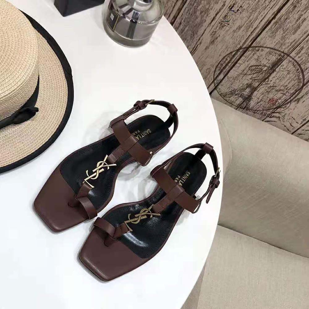 Side profile of brown smooth leather Saint Laurent YSL Cassandra Sandals