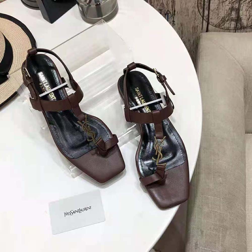 Saint Laurent YSL Women Cassandra Flat Sandals in Smooth Leather with Gold-Tone Monogram-Brown - image 4
