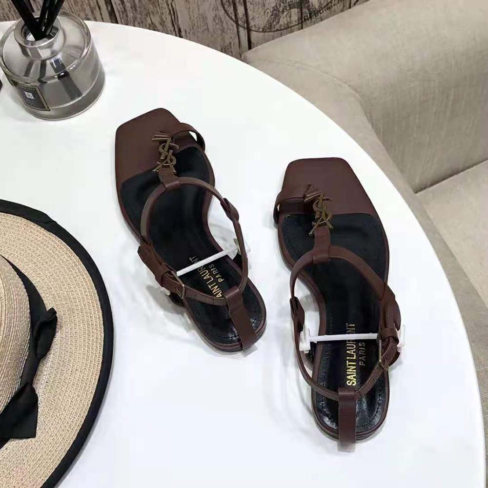 Saint Laurent YSL Women Cassandra Flat Sandals in Smooth Leather with Gold-Tone Monogram-Brown - image 5