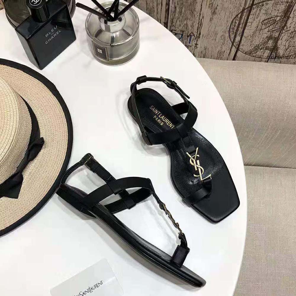 Saint Laurent YSL Women Cassandra Flat Sandals in Smooth Leather with Gold-tone Monogram-Black - image 4