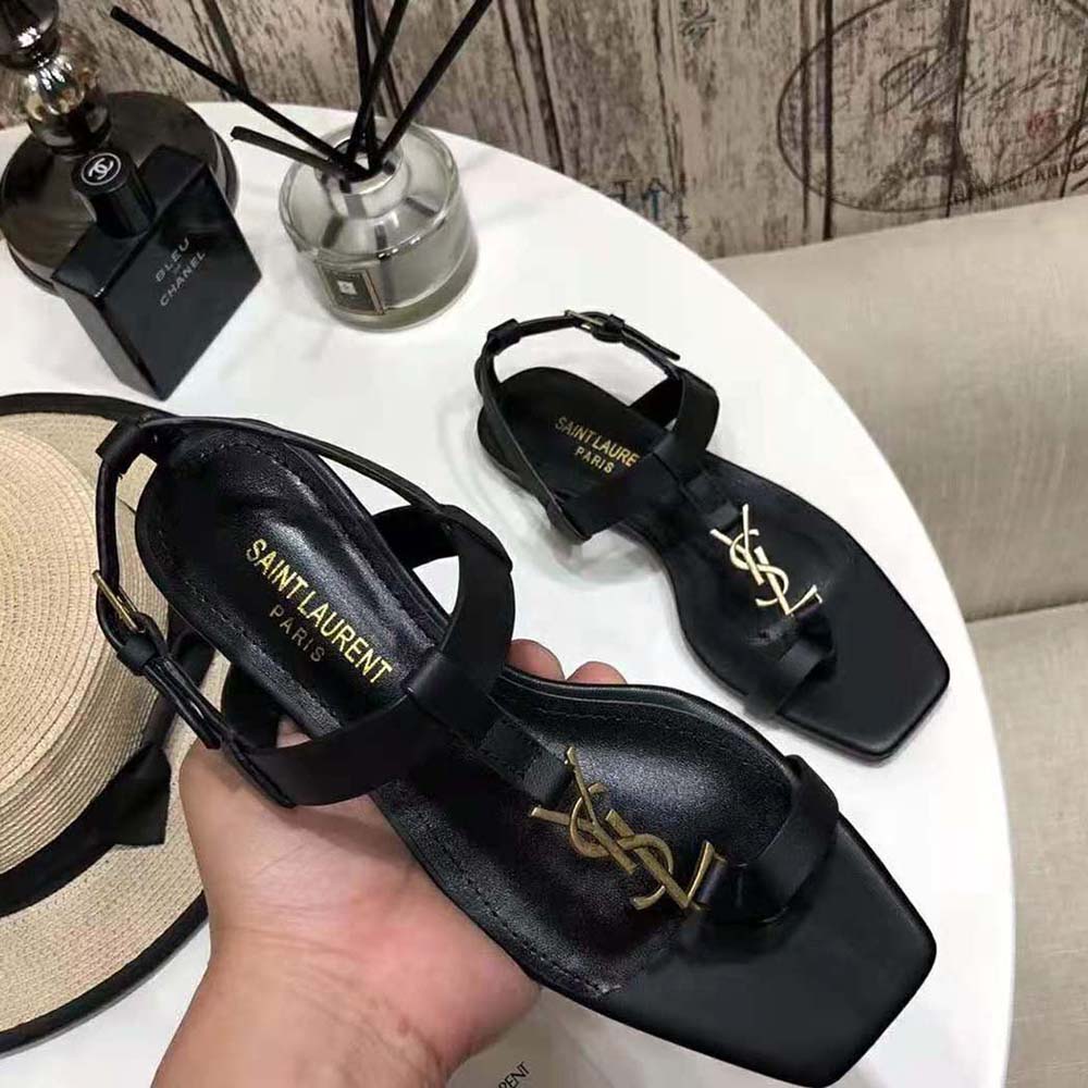 Saint Laurent YSL Women Cassandra Flat Sandals in Smooth Leather with Gold-tone Monogram-Black - image 10