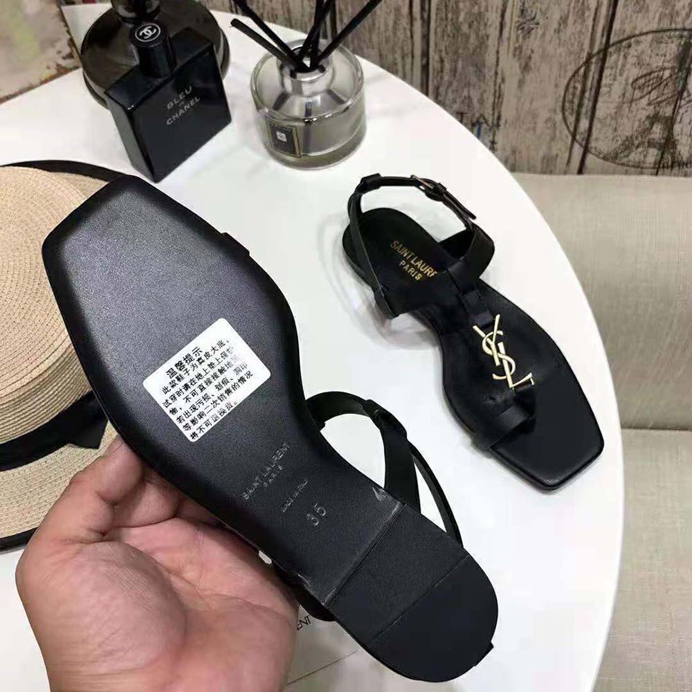 Saint Laurent YSL Women Cassandra Flat Sandals in Smooth Leather with Gold-tone Monogram-Black - image 9