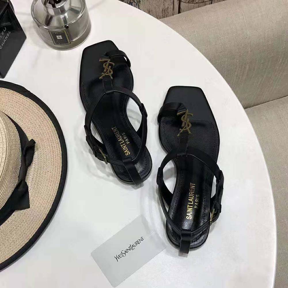Saint Laurent YSL Women Cassandra Flat Sandals in Smooth Leather with Gold-tone Monogram-Black - image 5