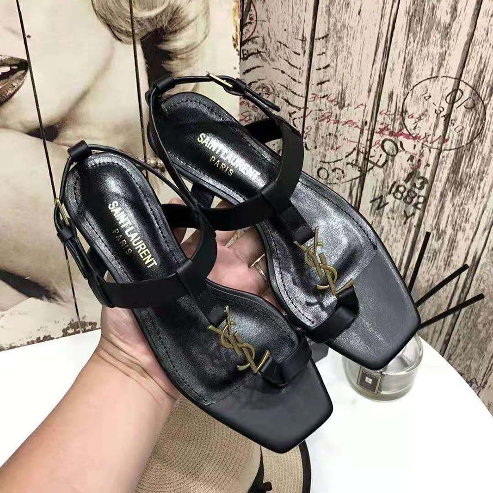 Saint Laurent YSL Women Cassandra Flat Sandals in Smooth Leather with Gold-tone Monogram-Black - image 8