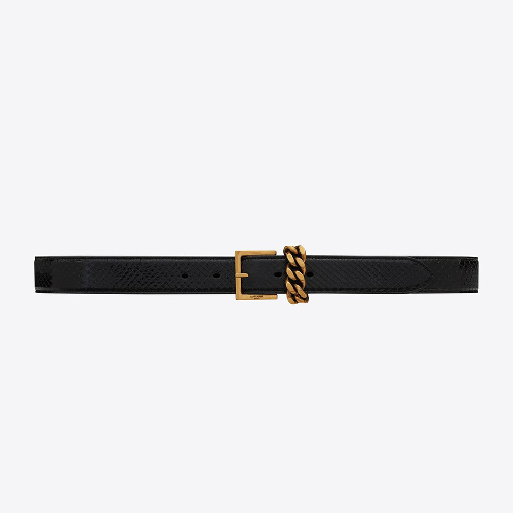 Front view of Saint Laurent YSL Women Chain-loop Narrow Belt in black lacquered python