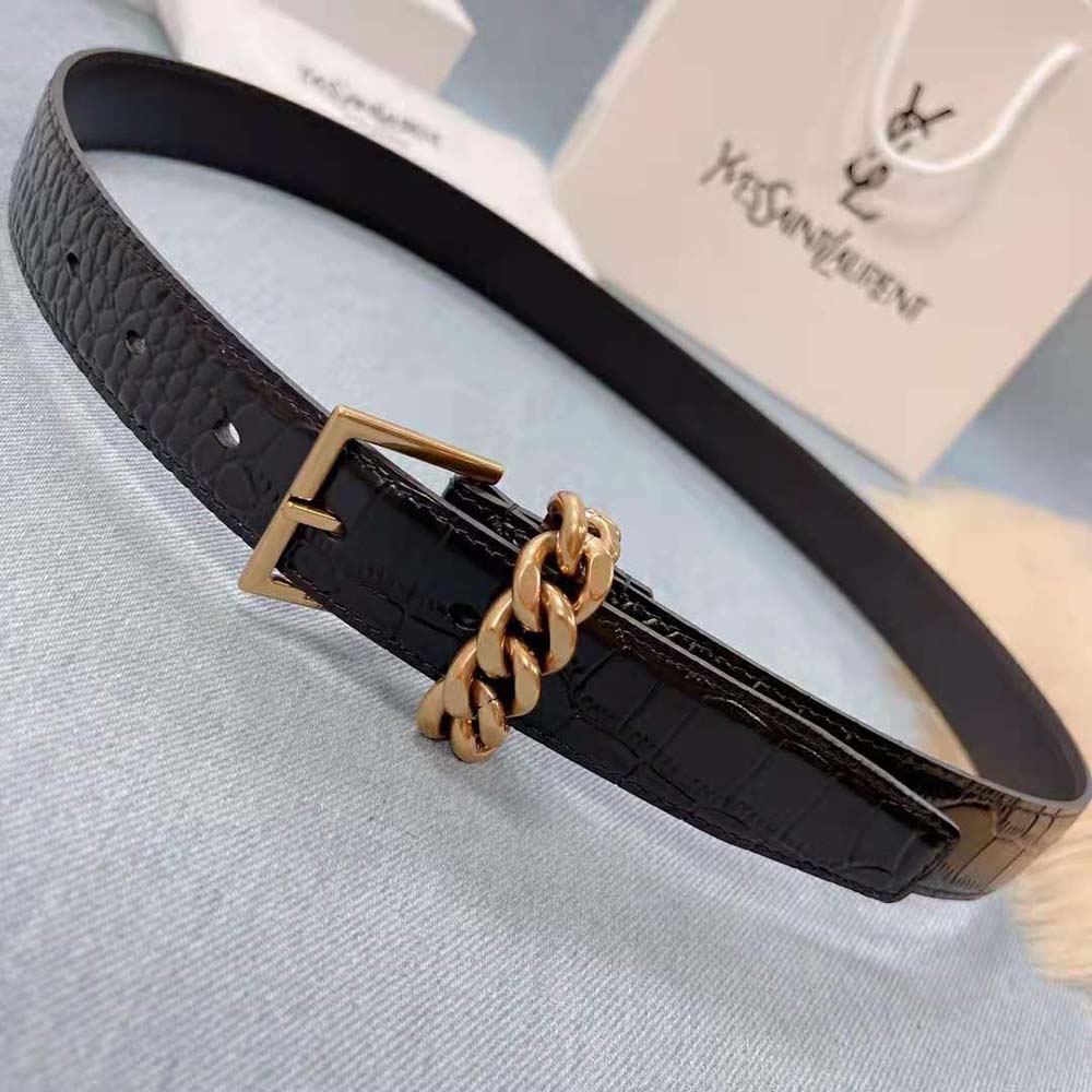 Side angle showing narrow silhouette on Saint Laurent YSL Women Chain-loop Narrow Belt