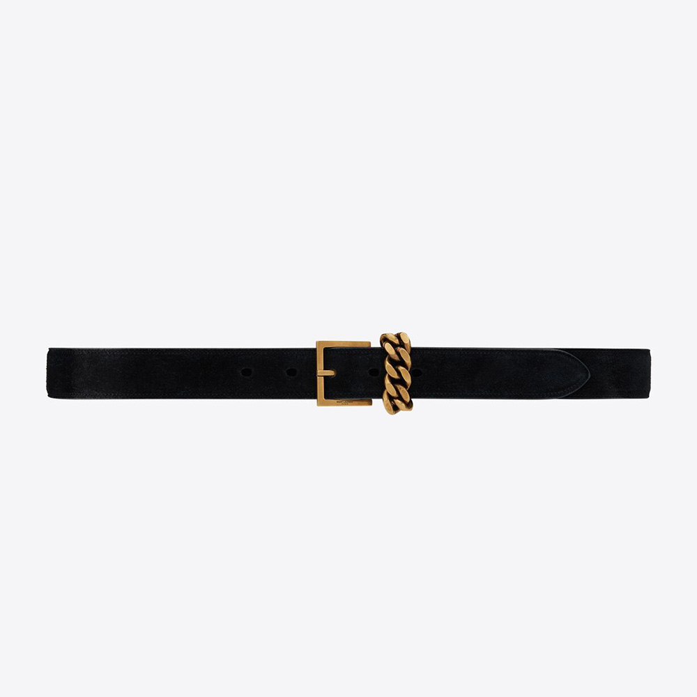 Front view of Saint Laurent YSL Women Chain-loop Narrow Belt with Square Buckle in Suede