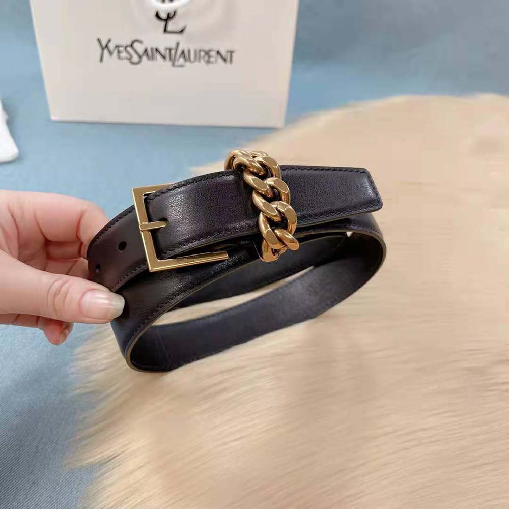 Side angle showing chain-loop hardware on Saint Laurent YSL Women narrow belt