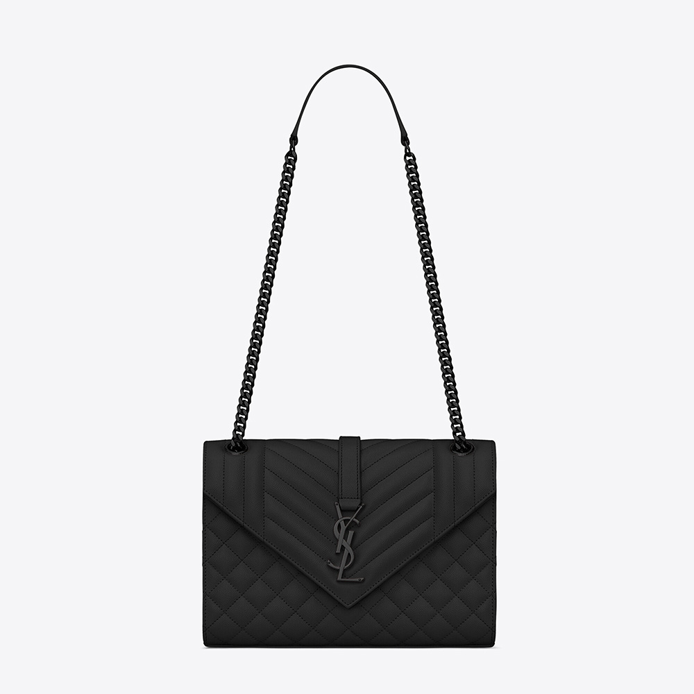 Front view of Saint Laurent YSL Women Envelope Medium Bag in black embossed leather