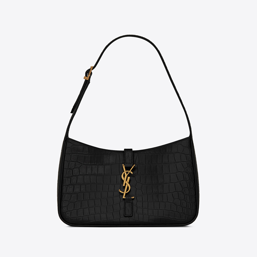 Front view of Saint Laurent YSL Women LE 5 A 7 Hobo Bag black crocodile leather