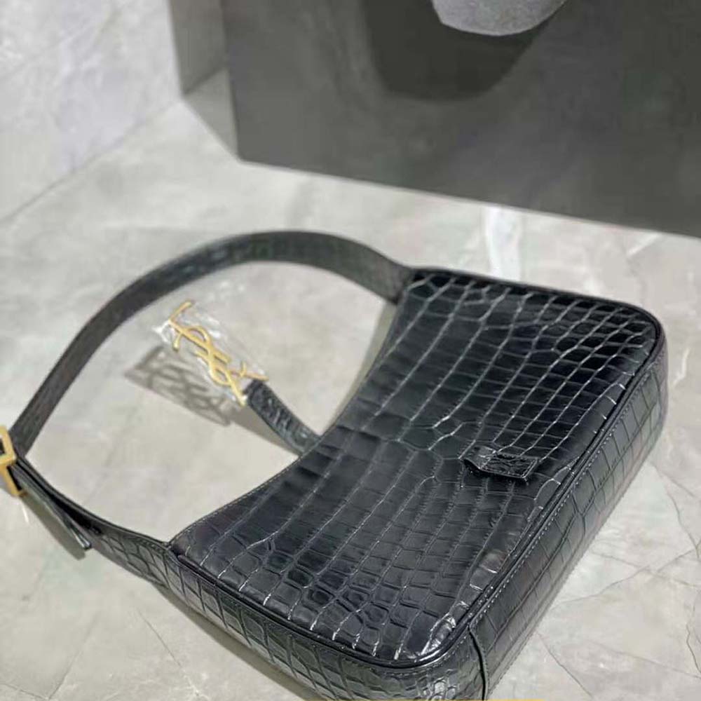Side angle showing glossy texture of Saint Laurent YSL Women LE 5 A 7 Hobo Bag