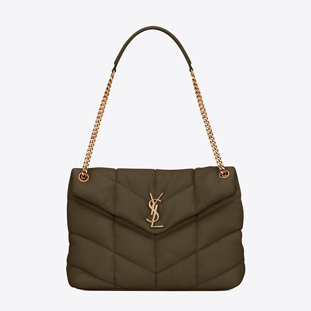 Front view of Saint Laurent YSL Women Puffer Medium Bag in dark green lambskin