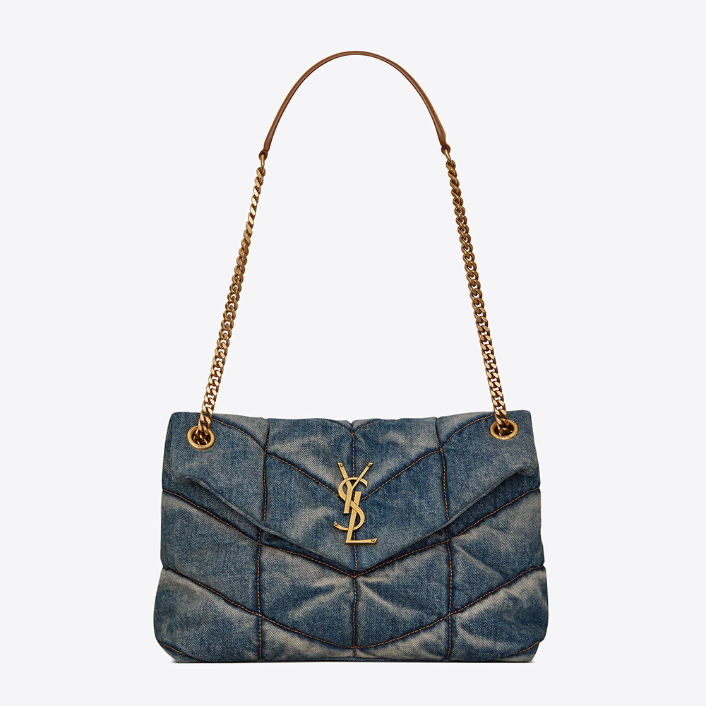Front view of Saint Laurent YSL Women Puffer Small Bag in blue quilted denim
