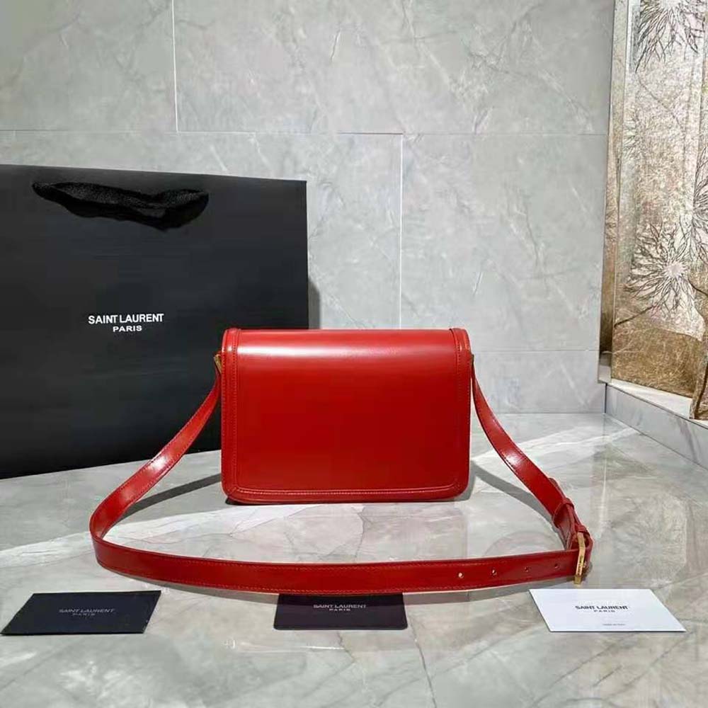 Side angle showing structured silhouette of Saint Laurent YSL Solferino Medium Satchel