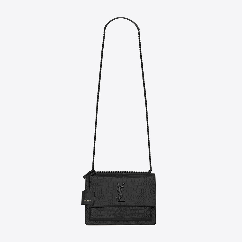 Front view of Saint Laurent YSL Women Sunset Medium bag in black crocodile leather