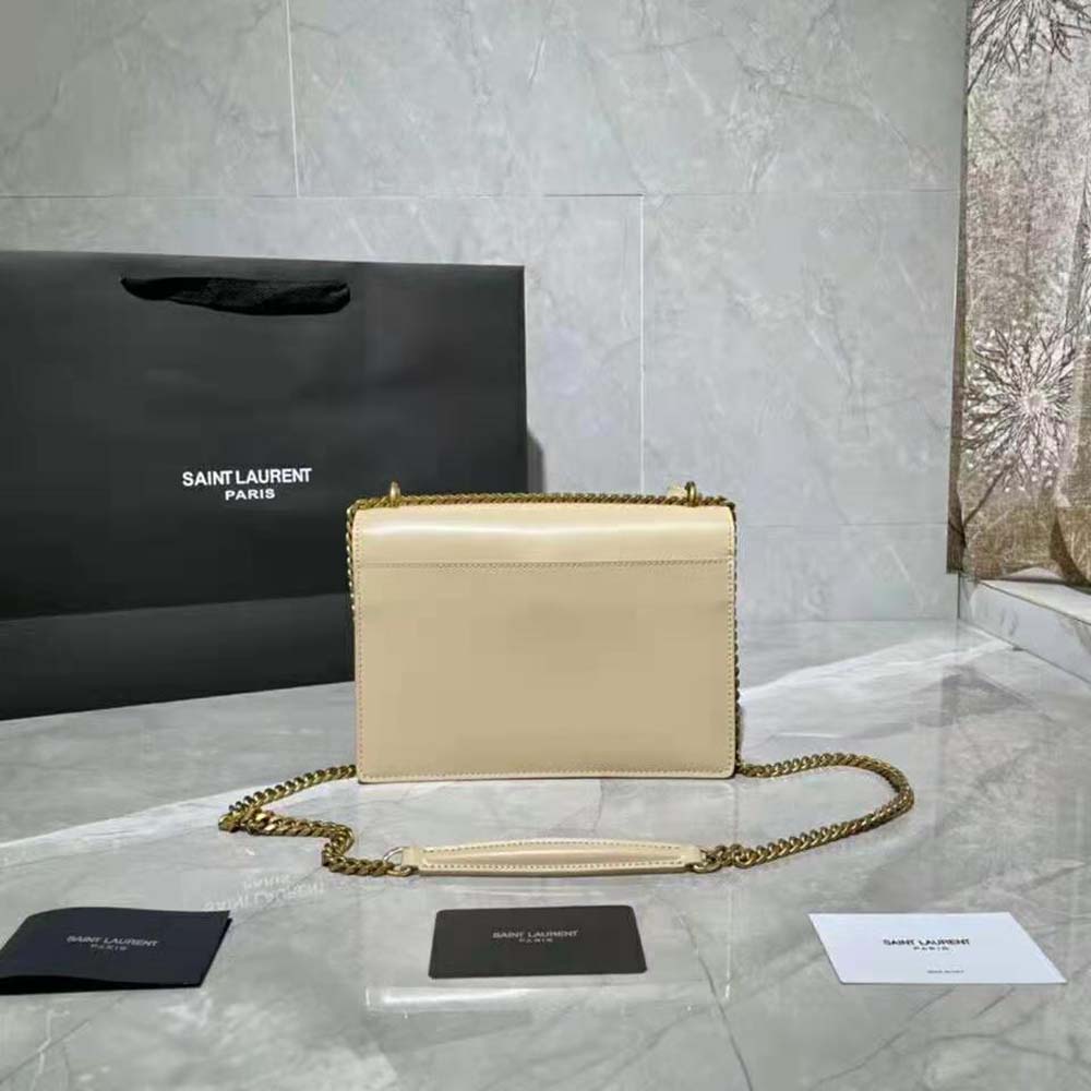 Side angle showing silhouette and adjustable strap of Saint Laurent Sunset Medium