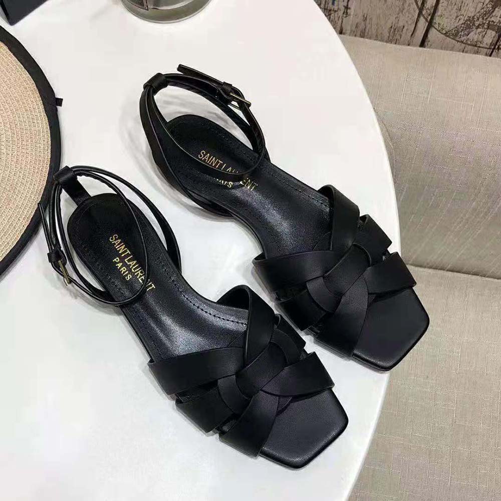 Top view of Saint Laurent YSL Women Tribute Flat Sandals showing ankle strap
