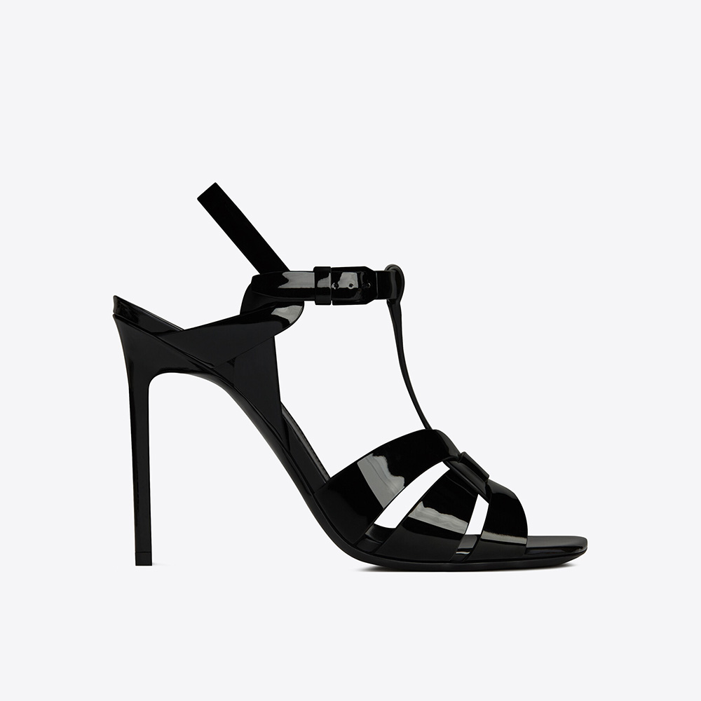 Front view of Saint Laurent YSL Women Tribute Sandals in Patent Leather Black