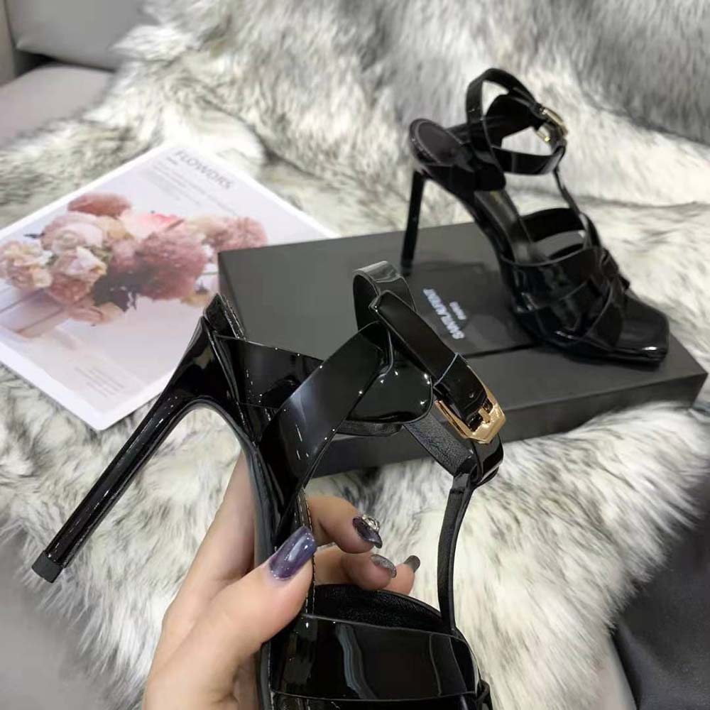 Saint Laurent YSL Women Tribute Sandals in Patent Leather in 105mm Heel Hight-Black - image 5