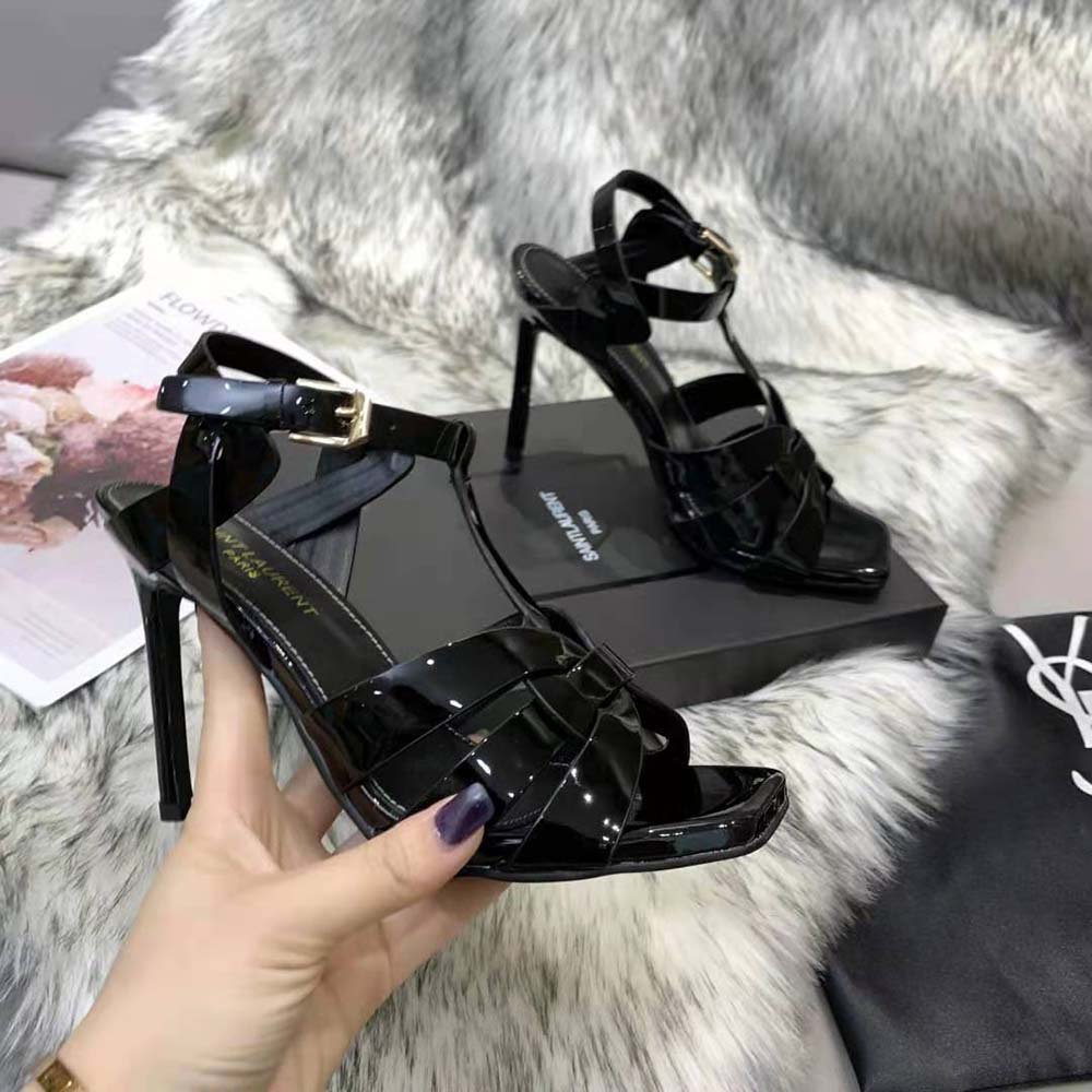 Side profile showing 105mm heel of Saint Laurent YSL Tribute Sandals black