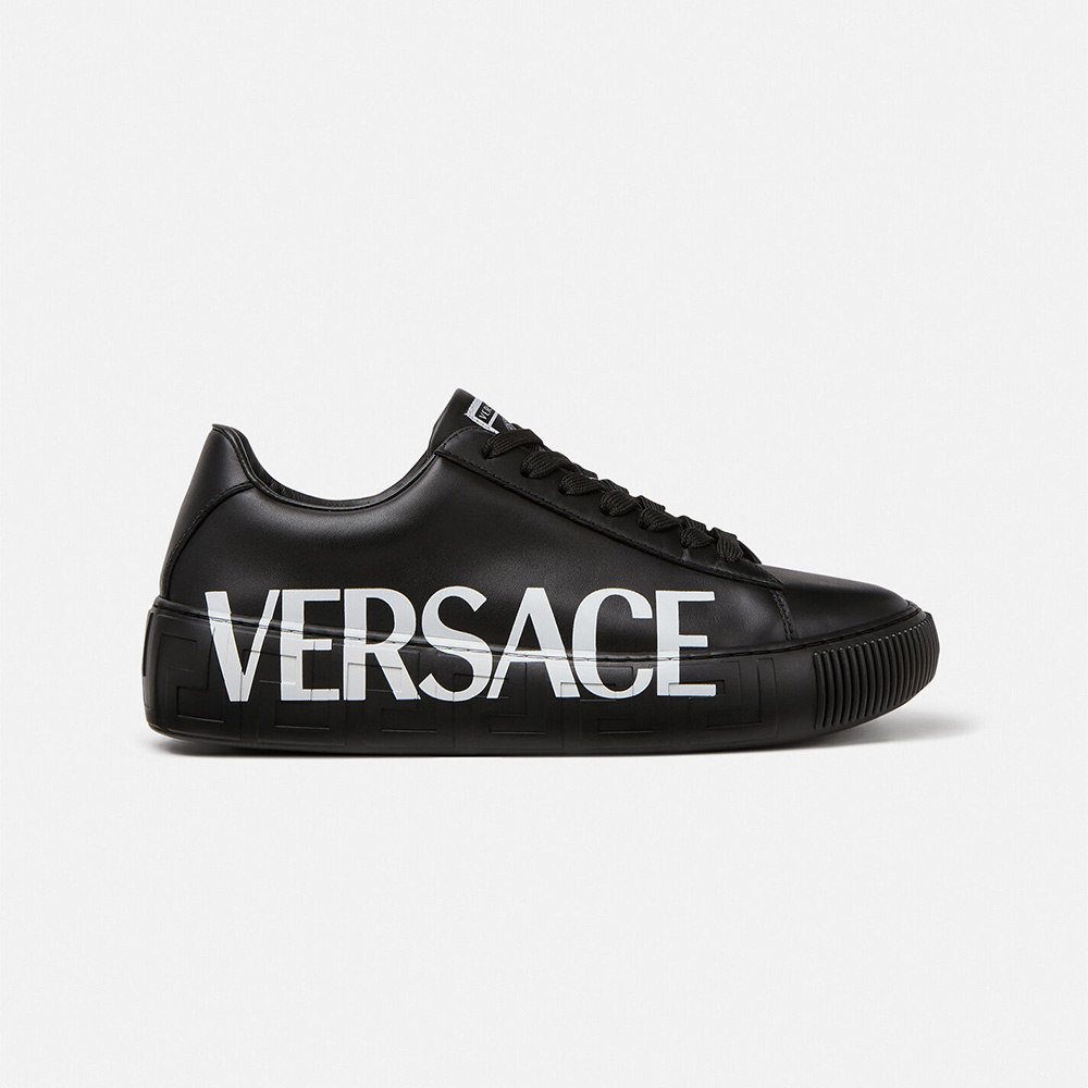 Front angle of Versace Unisex Shoes Greca Logo Sneakers-Black leather upper