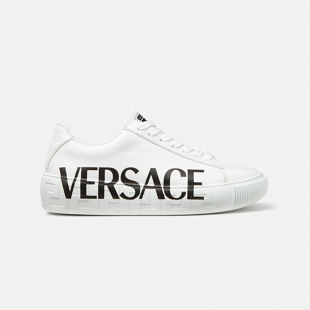 Side profile of Versace Unisex Shoes Greca Logo Sneakers-White showing Greca detail