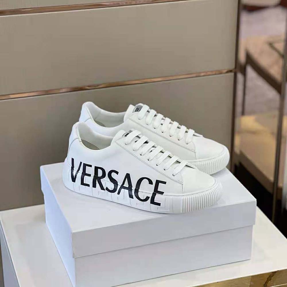 Top view of lace-up closure on Versace Unisex Shoes Greca Logo Sneakers-White