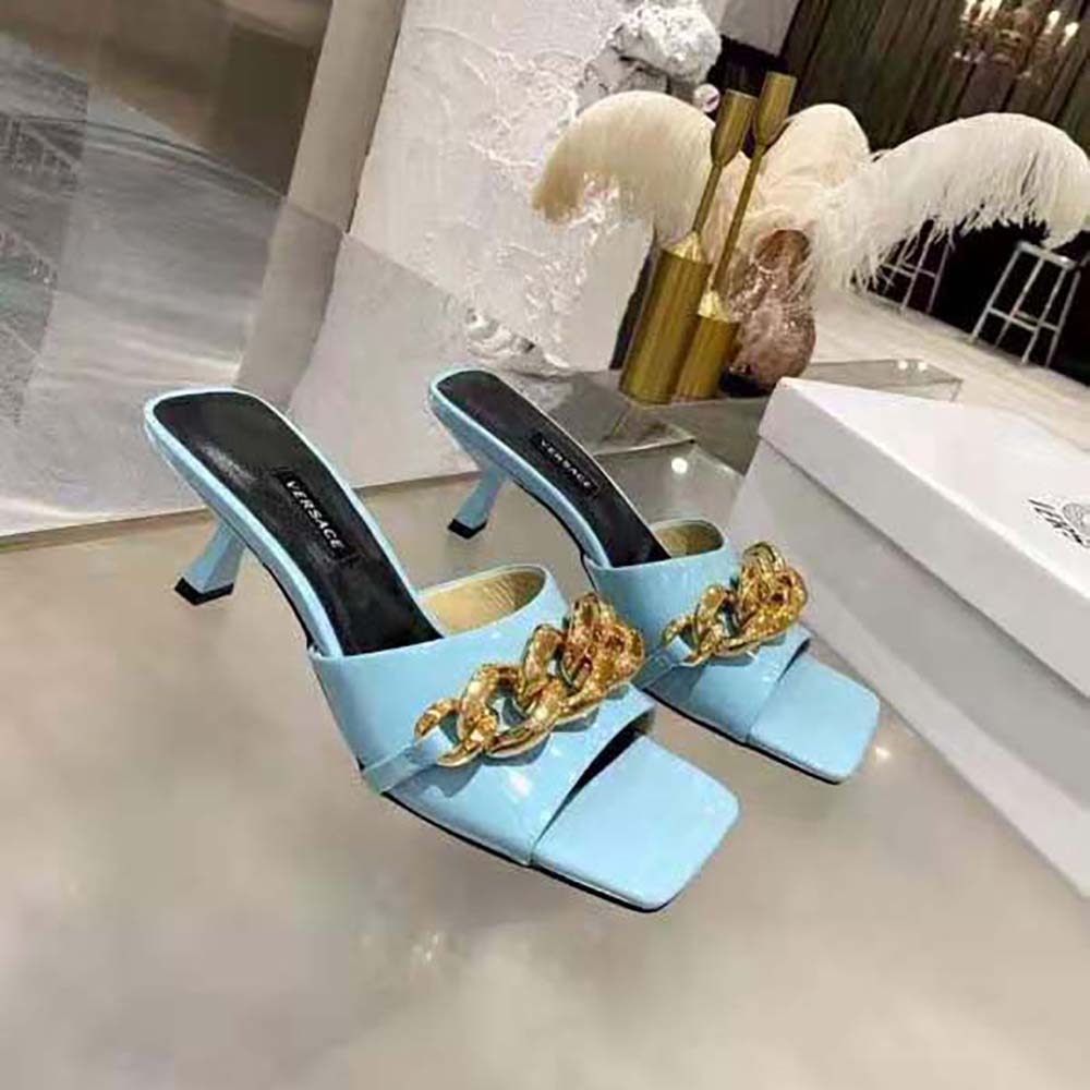Versace Women Medusa Chain Mid-heel Naplak Mules-Blue - image 5