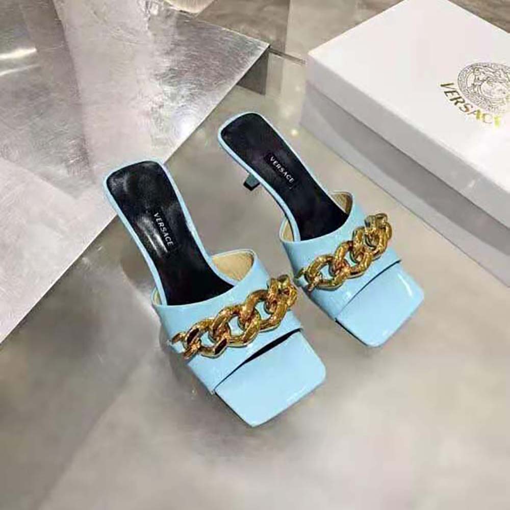 Versace Women Medusa Chain Mid-heel Naplak Mules-Blue - image 6