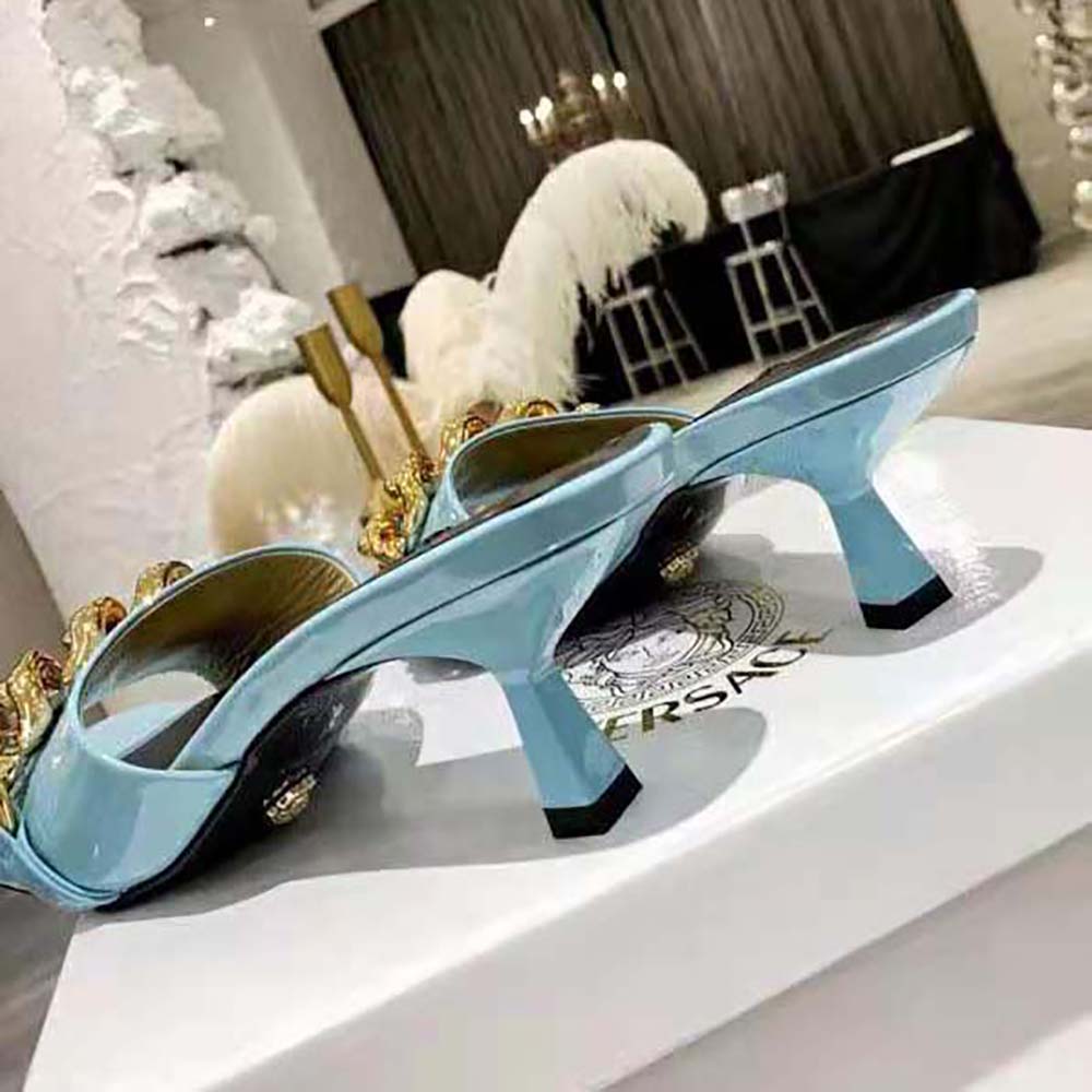 Versace Women Medusa Chain Mid-heel Naplak Mules-Blue - image 7