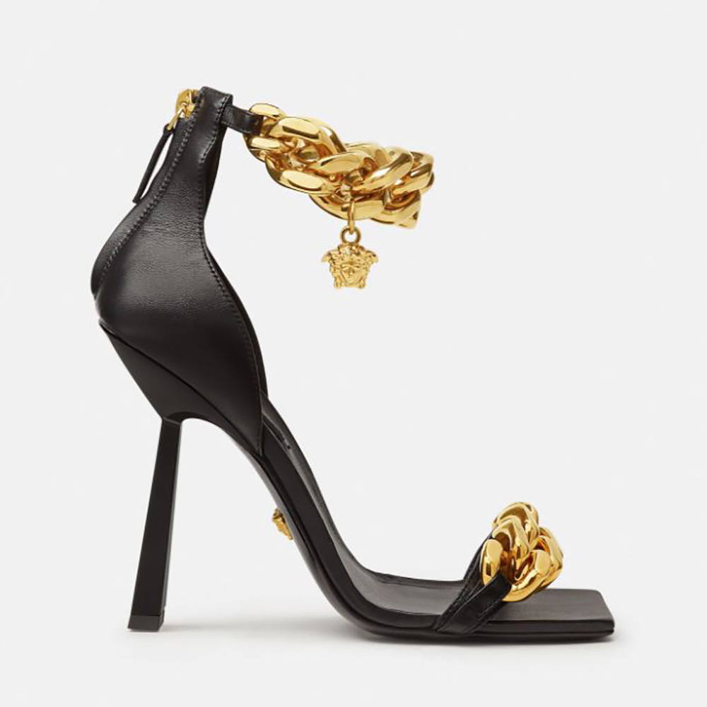 Side profile of Versace Women Medusa Chain Nappa Leather Sandals in 11cm Heel-Black