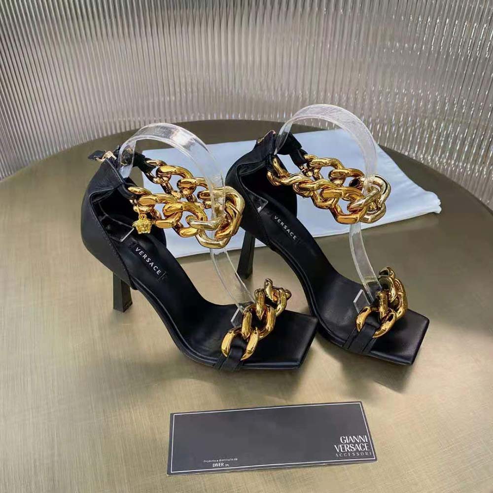 Versace Women Medusa Chain Nappa Leather Sandals in 11cm Heel-Black - image 4