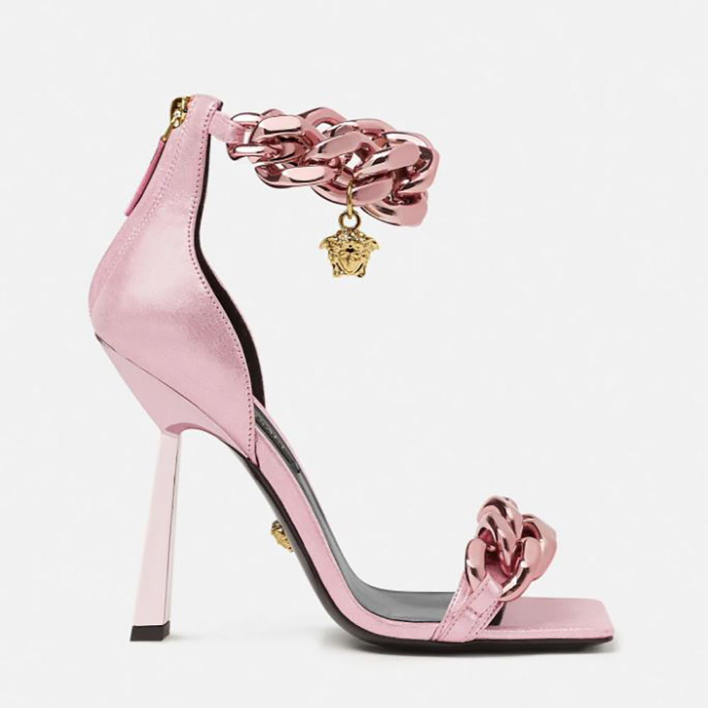 Side view of Versace Women Medusa Chain Suede Sandals in 11cm Heel-Pink