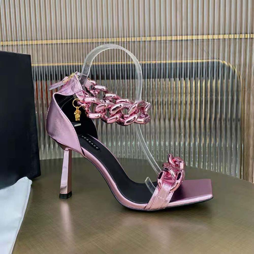 Versace Women Medusa Chain Suede Sandals in 11cm Heel-Pink - image 4