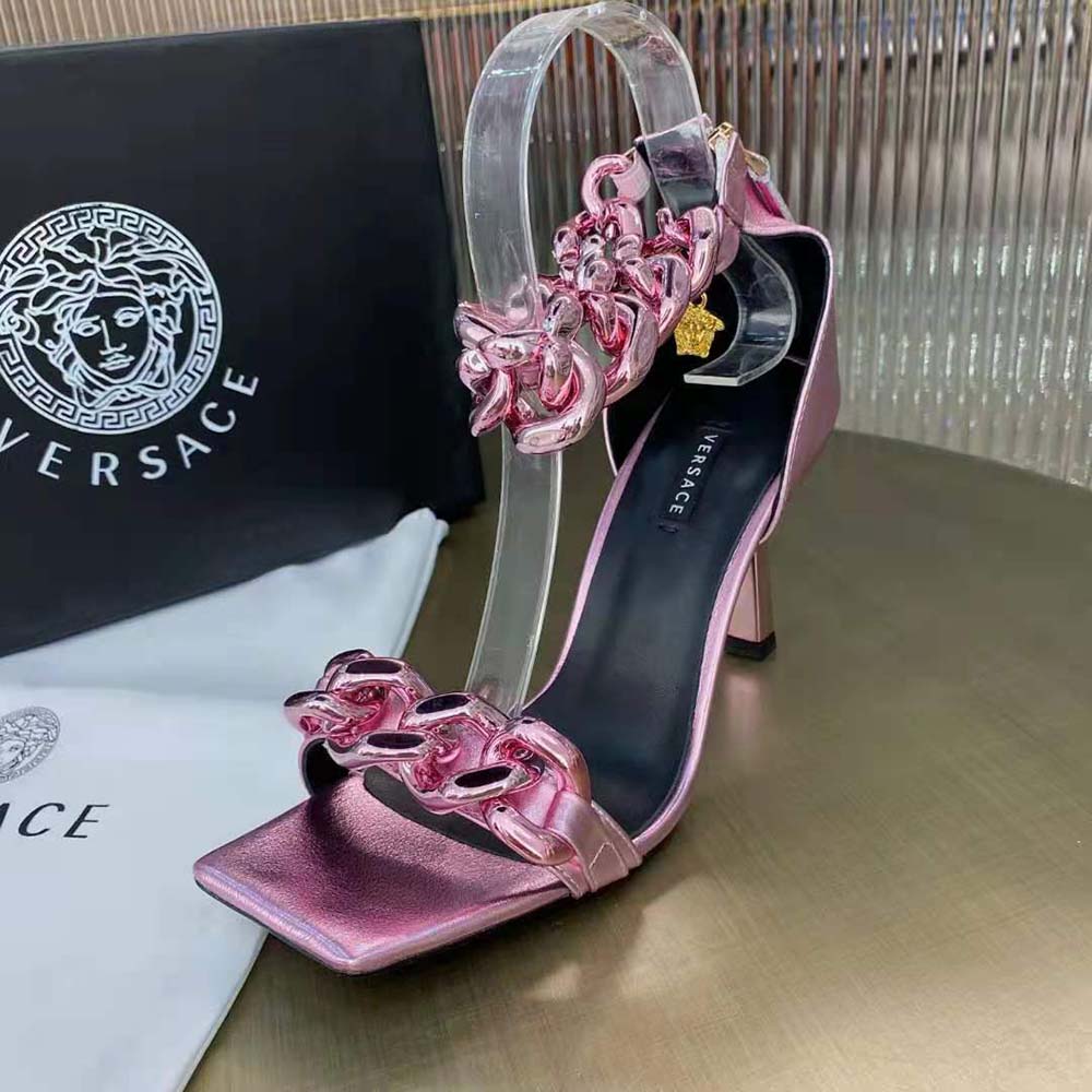 Versace Women Medusa Chain Suede Sandals in 11cm Heel-Pink - image 5