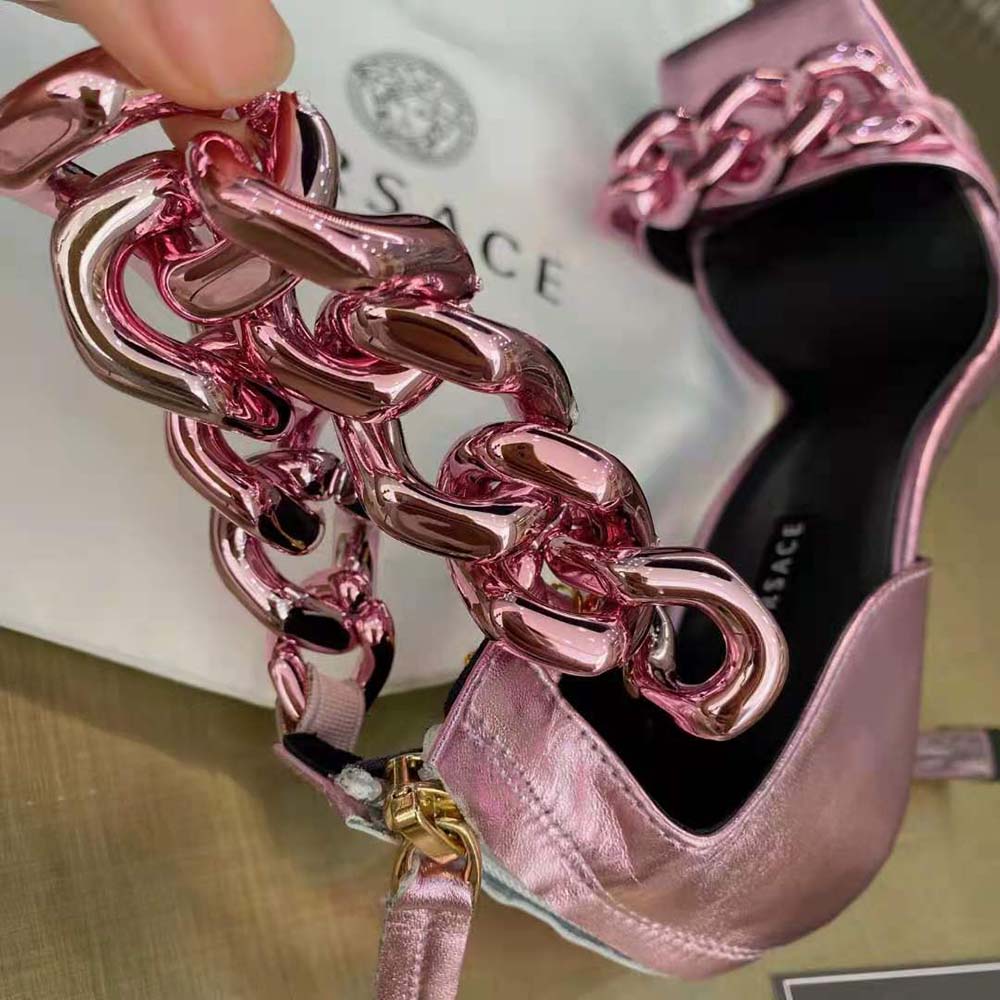 Versace Women Medusa Chain Suede Sandals in 11cm Heel-Pink - image 8