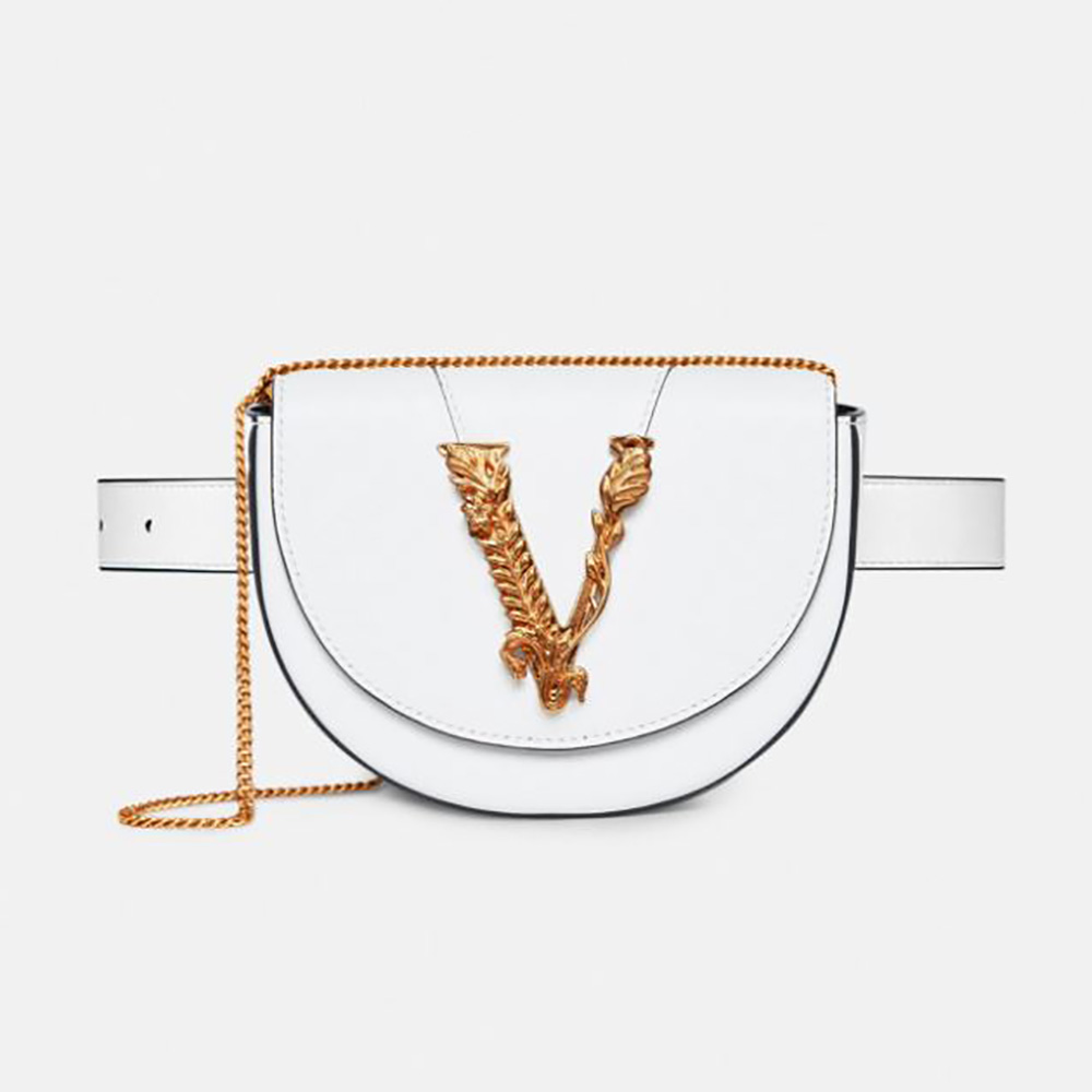 Front view of Versace Women Virtus Belt Bag in Calfskin Leather-White