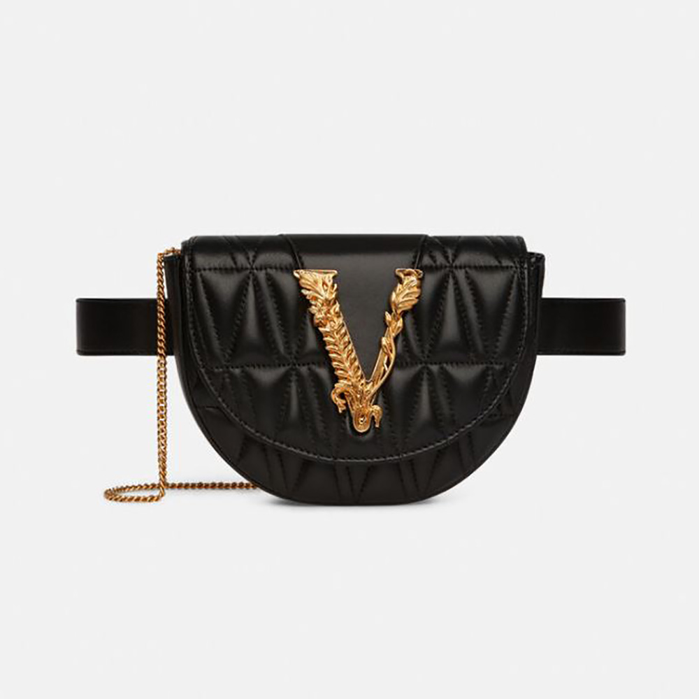 Front view of Versace Women Virtus Quilted Belt Bag in Calfskin Leather-Black
