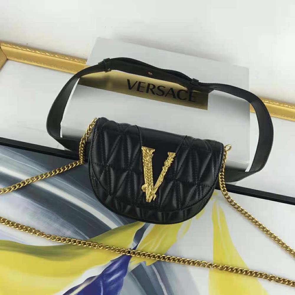 Close-up of gold Medusa hardware on Versace Women Virtus Quilted Belt Bag