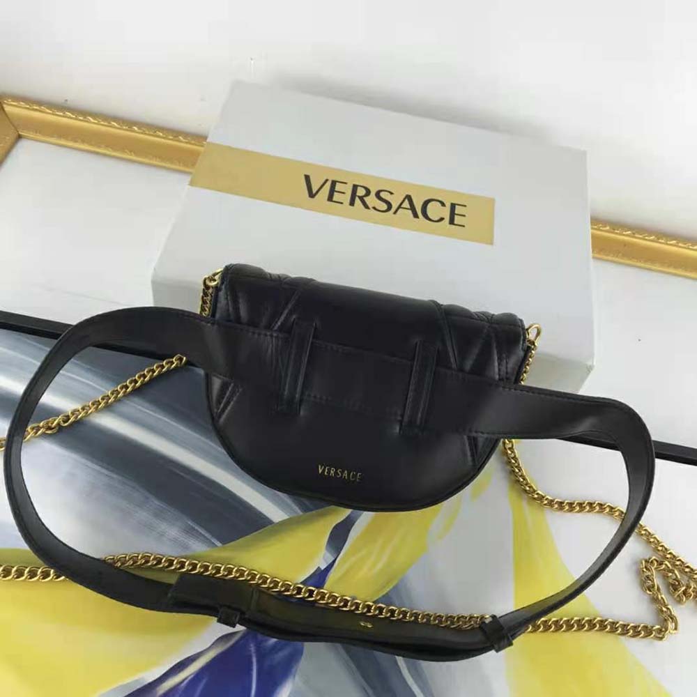 Side angle showing quilted texture of Versace Women Virtus Quilted Belt Bag