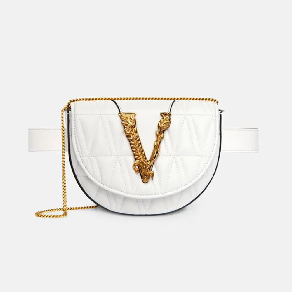 Front view of Versace Women Virtus Quilted Belt Bag in white calfskin leather