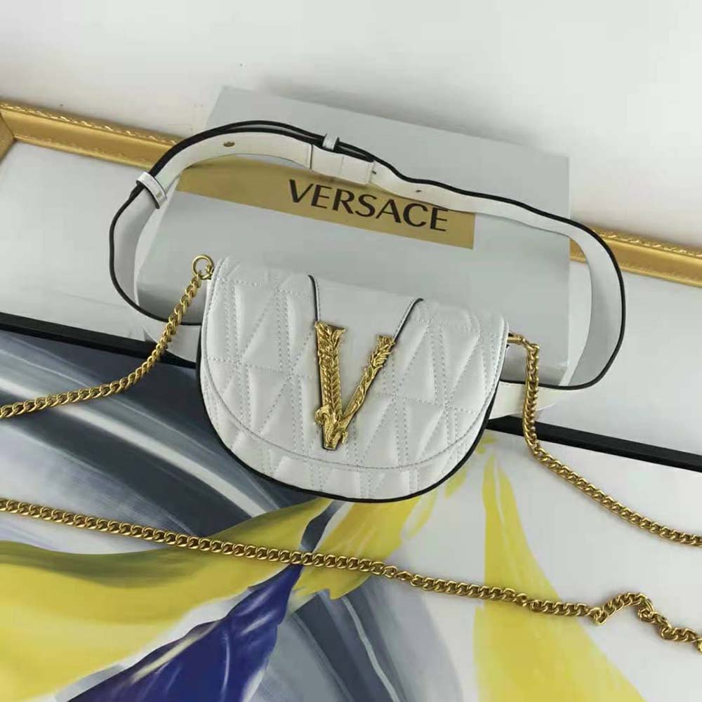 Close-up of gold hardware and quilted design on Versace Women Virtus Belt Bag