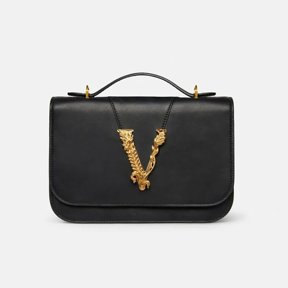 Front view of Versace Women Virtus Shoulder Bag in black calfskin leather