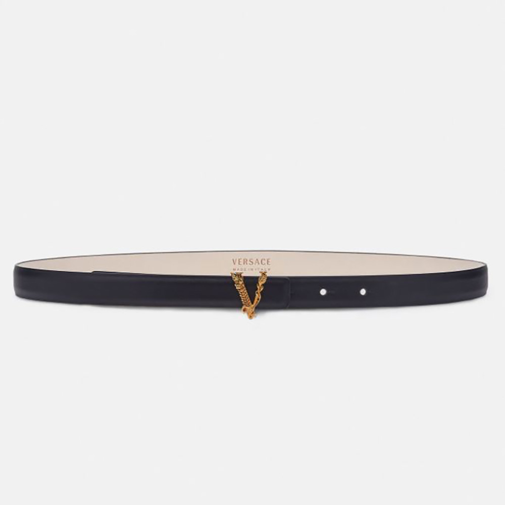 Front view of Versace Women Virtus Thin Waist belt in black calf leather
