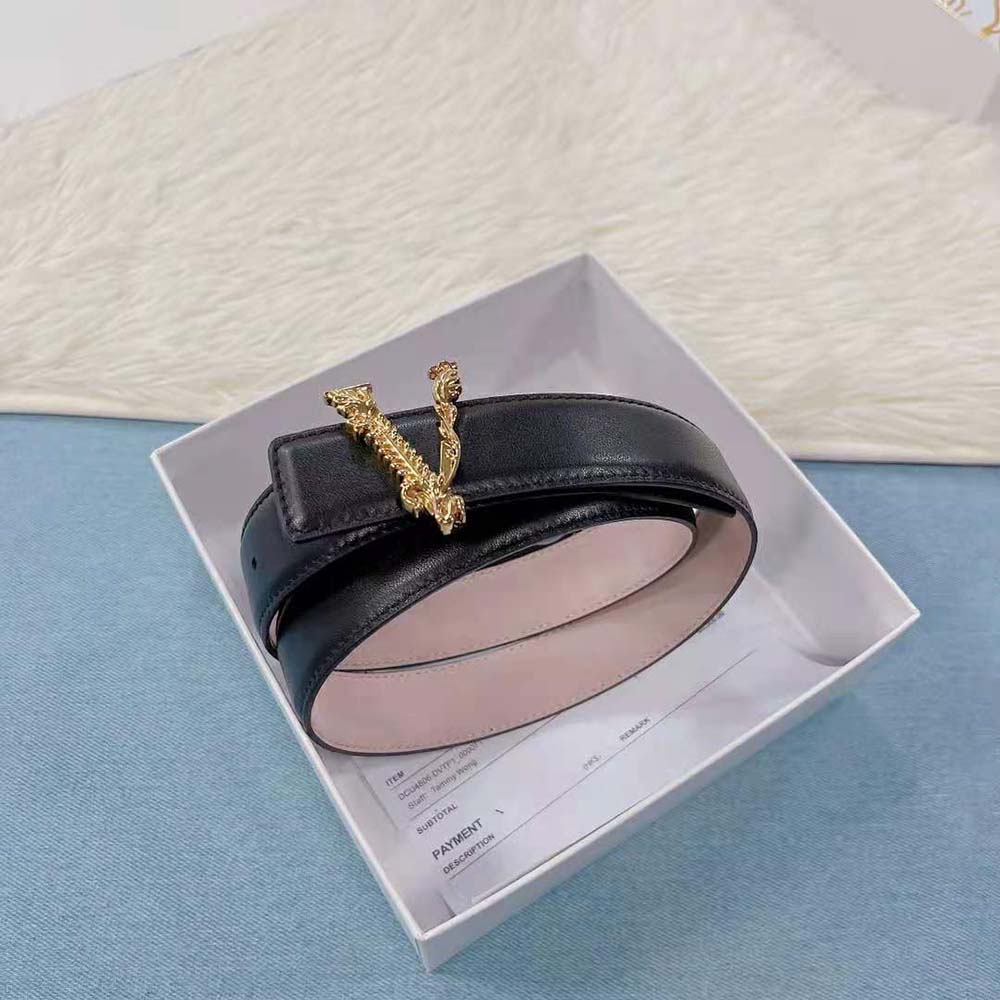 Side angle showcasing slim silhouette of Versace Women Virtus belt