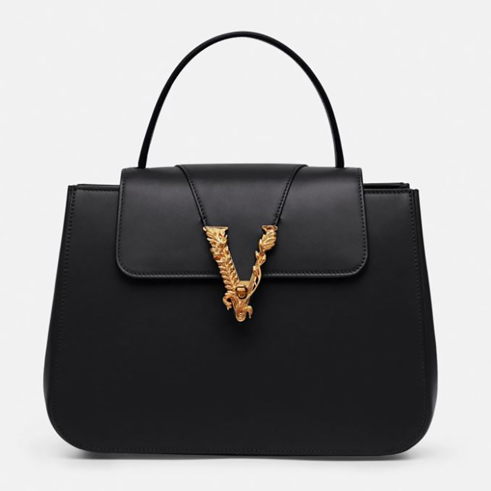 Front view of Versace Women Virtus Top Handle Bag in black calfskin