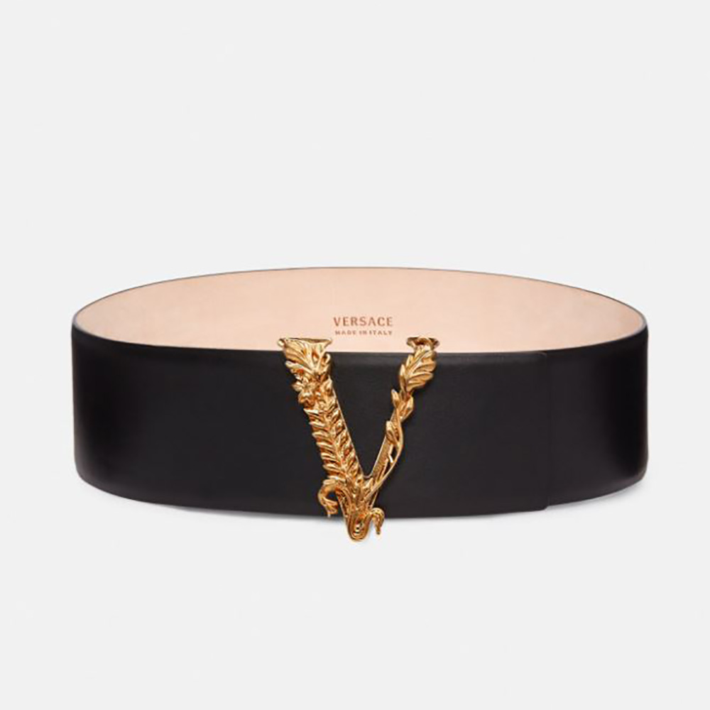 Front view of Versace Women Virtus Waist belt in Black Calf Leather