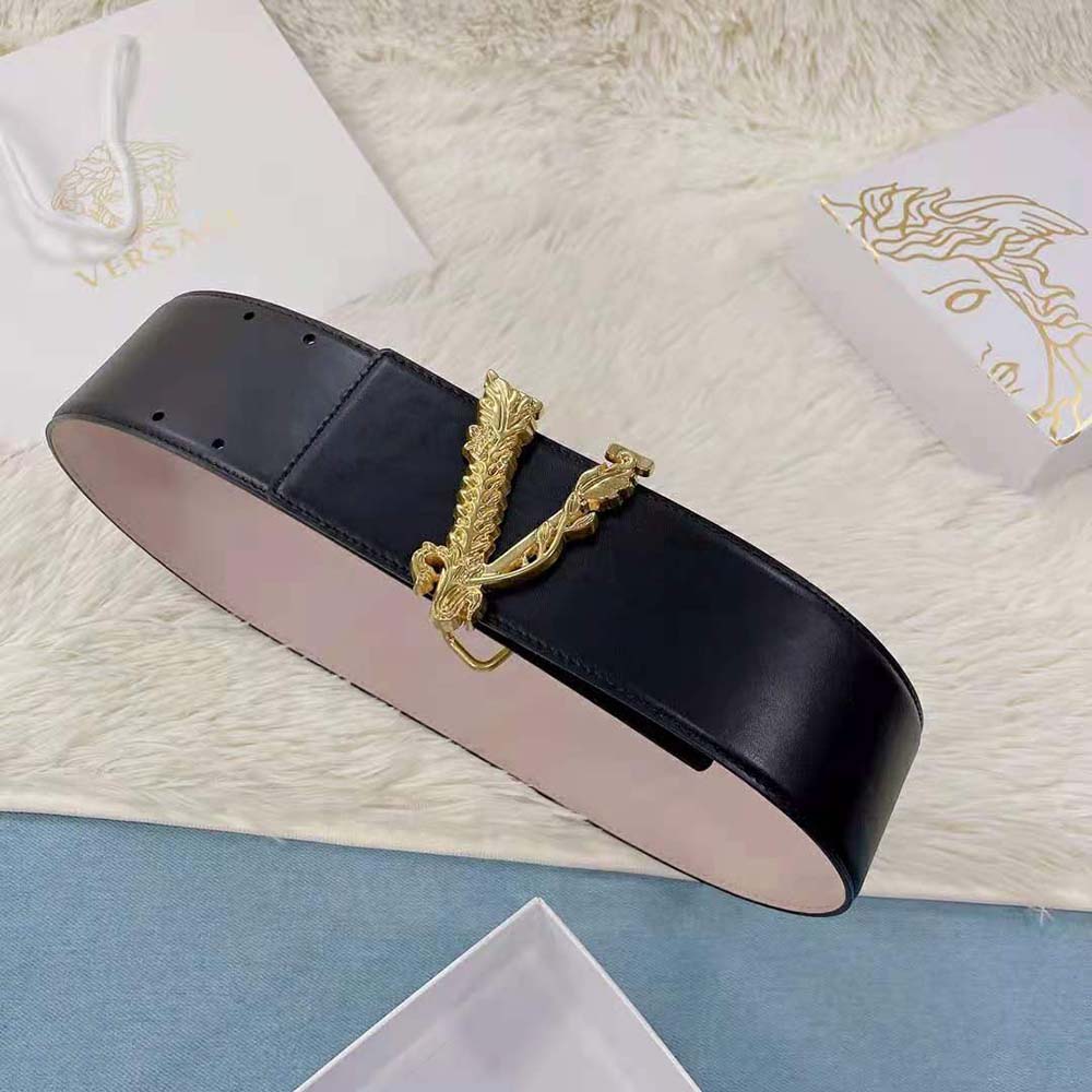 Close-up of gold Medusa buckle on Versace Women Virtus Waist belt