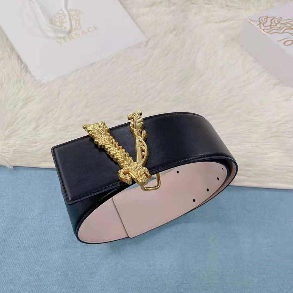 Side profile showing slim silhouette of Versace Women Virtus Waist belt